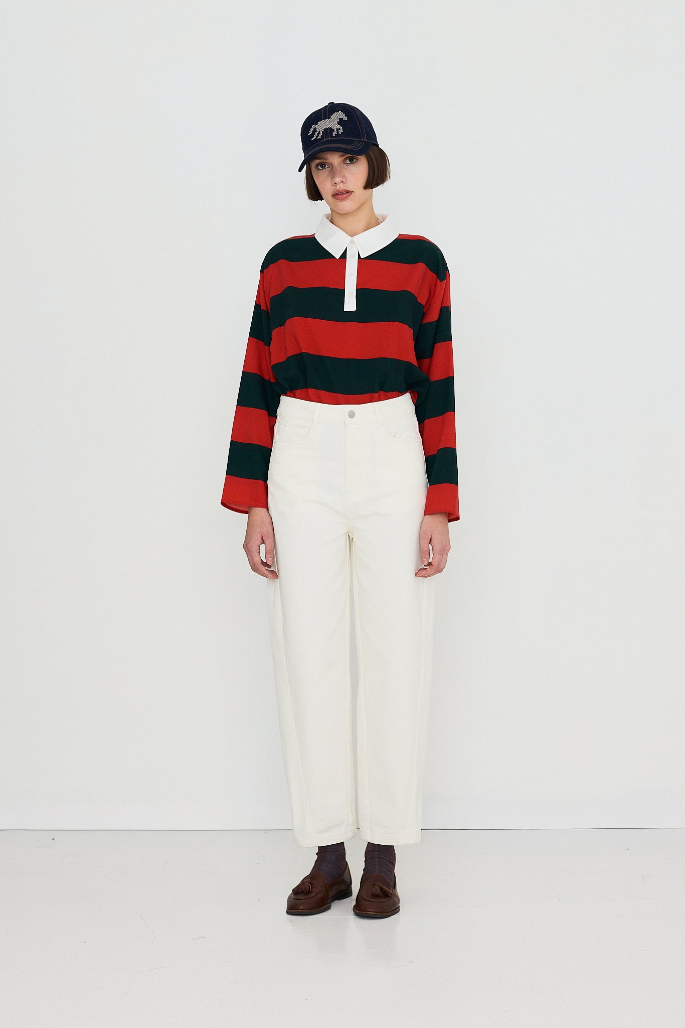 STRIPED POLO COLLAR BLOUSE