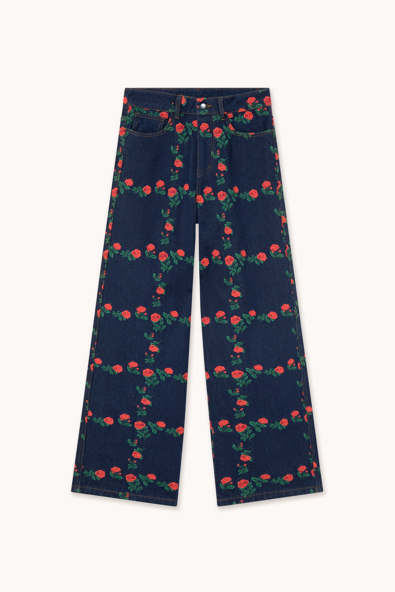 JEANS ROSES GRID CON BORDADO BERTA LARGO