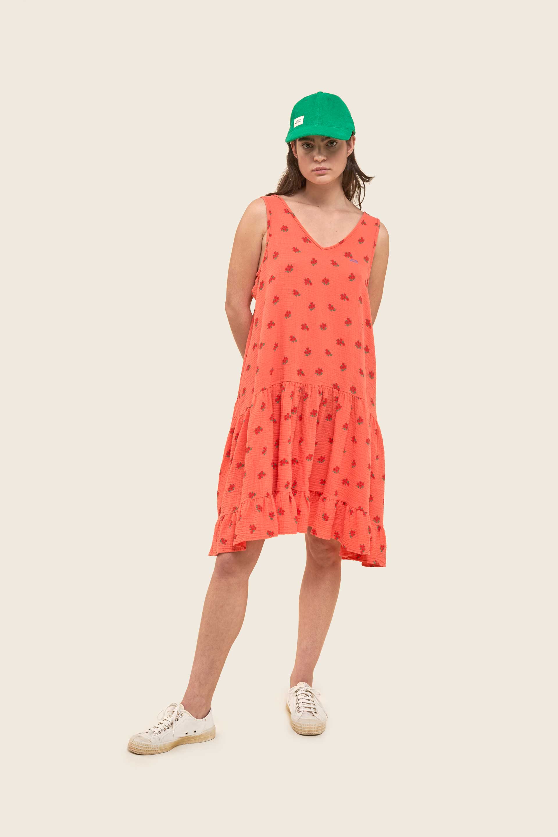 FRAU ROT FLOWERS DOPPELTES GAUZE-RÜSCHENKLEID