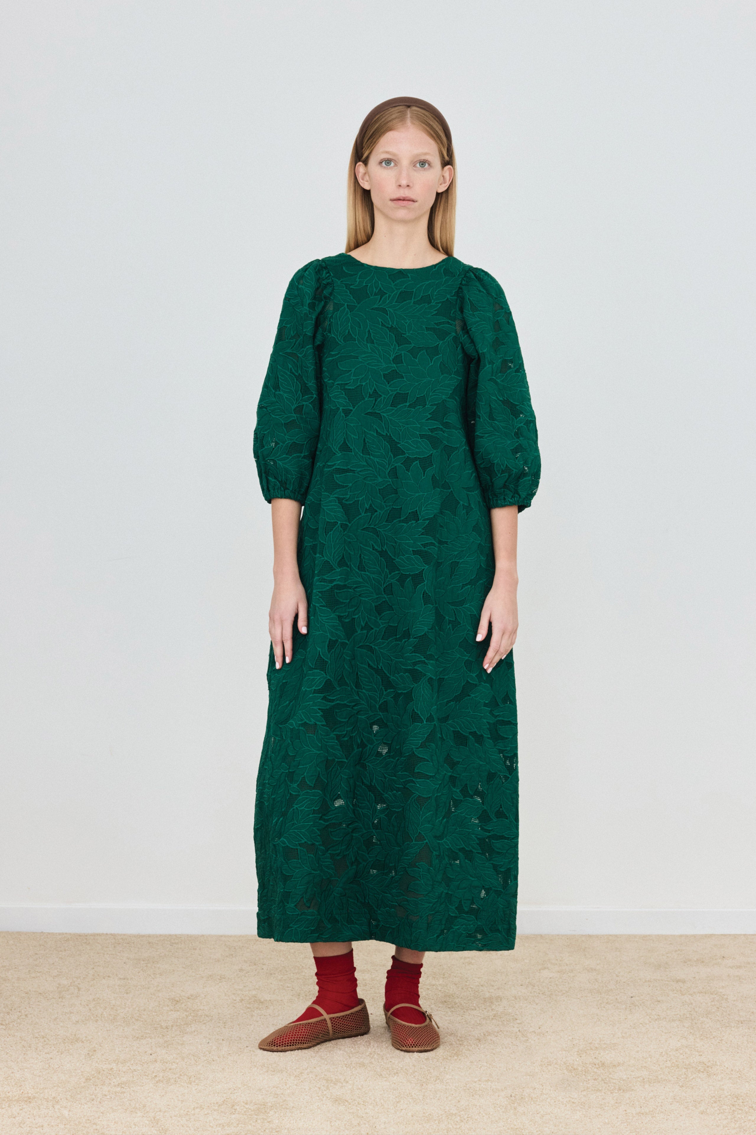 GUIPURE PUFF-SLEEVE MIDI DRESS