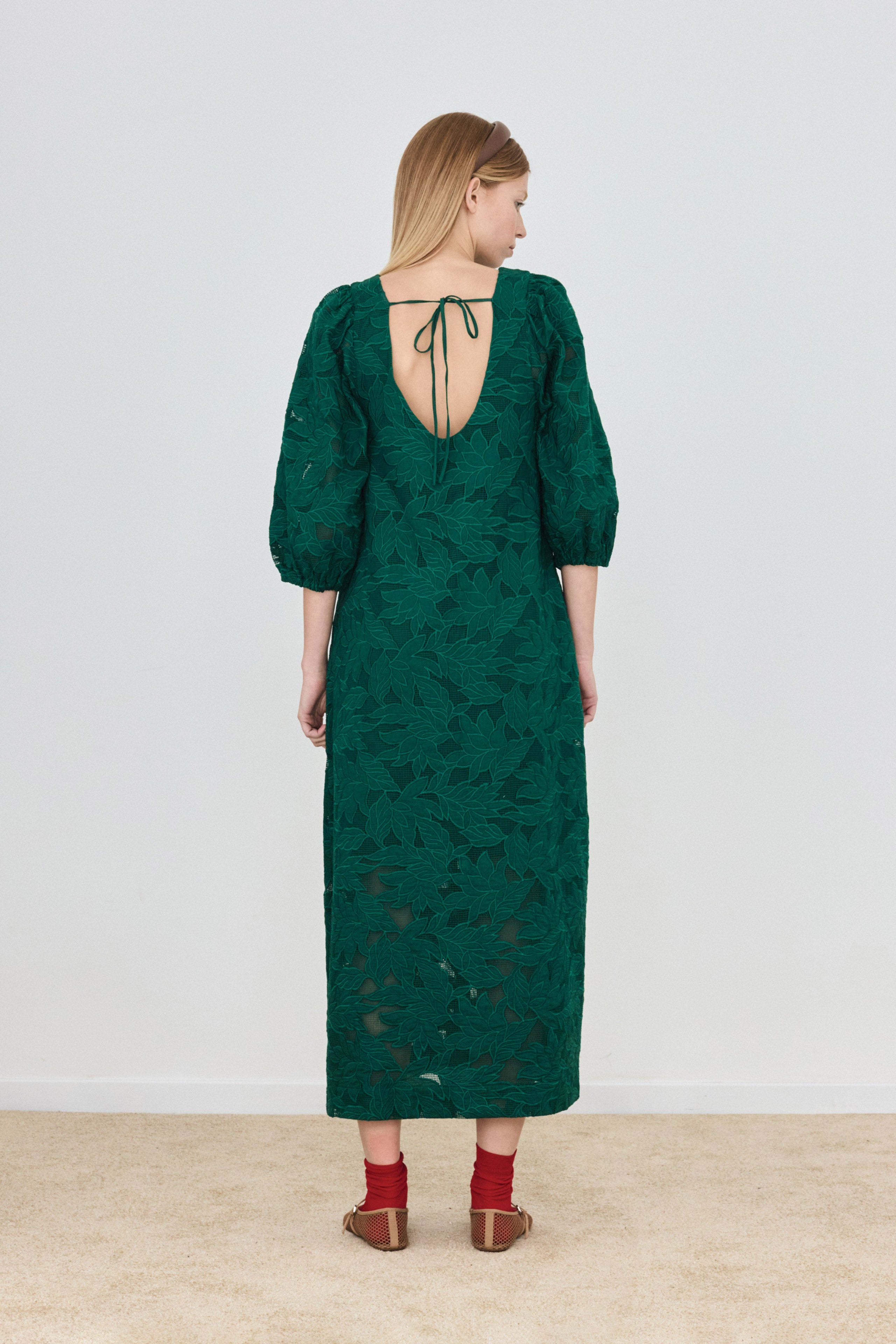 GUIPURE PUFF-SLEEVE MIDI DRESS