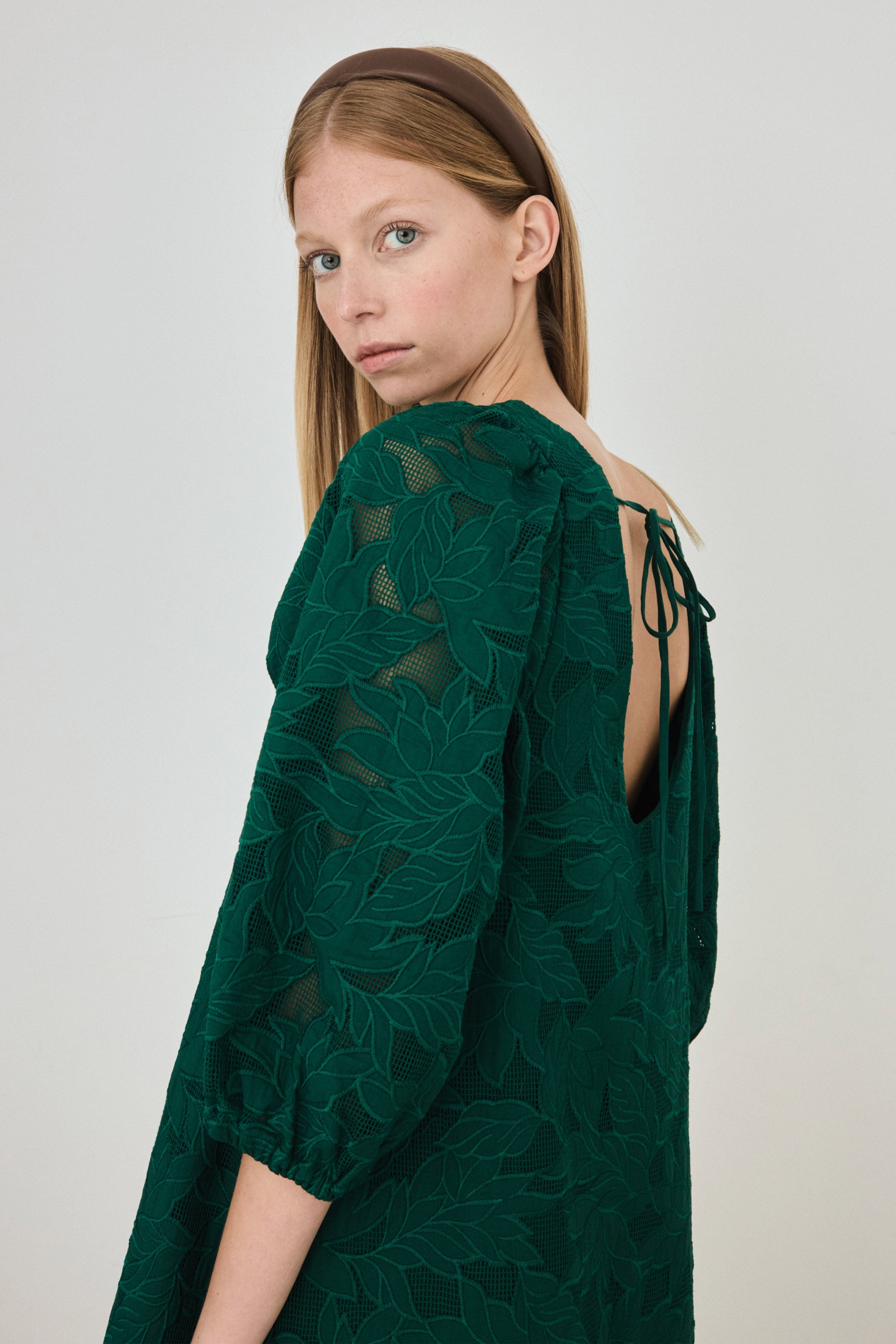 GUIPURE PUFF-SLEEVE MIDI DRESS