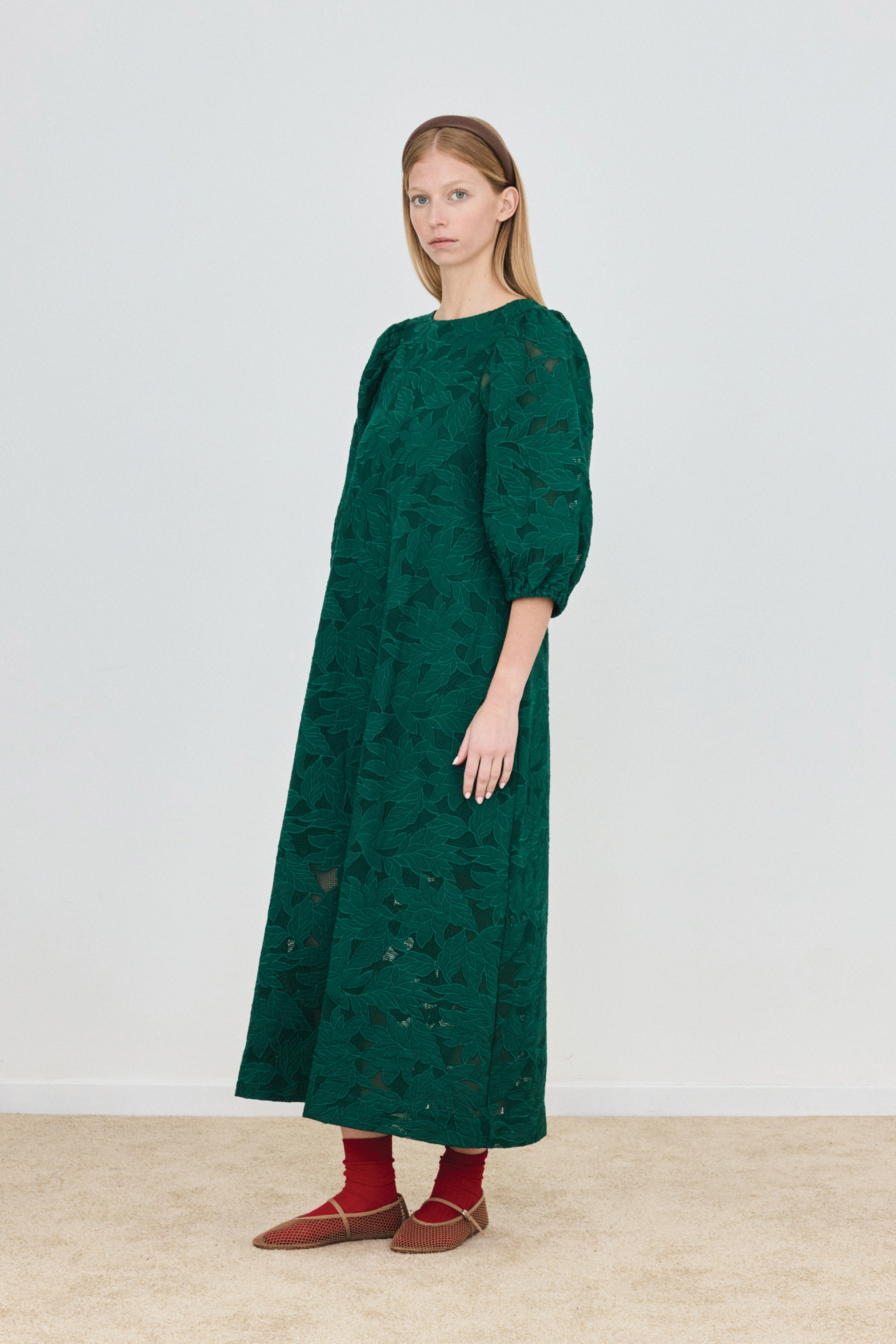GUIPURE PUFF-SLEEVE MIDI DRESS