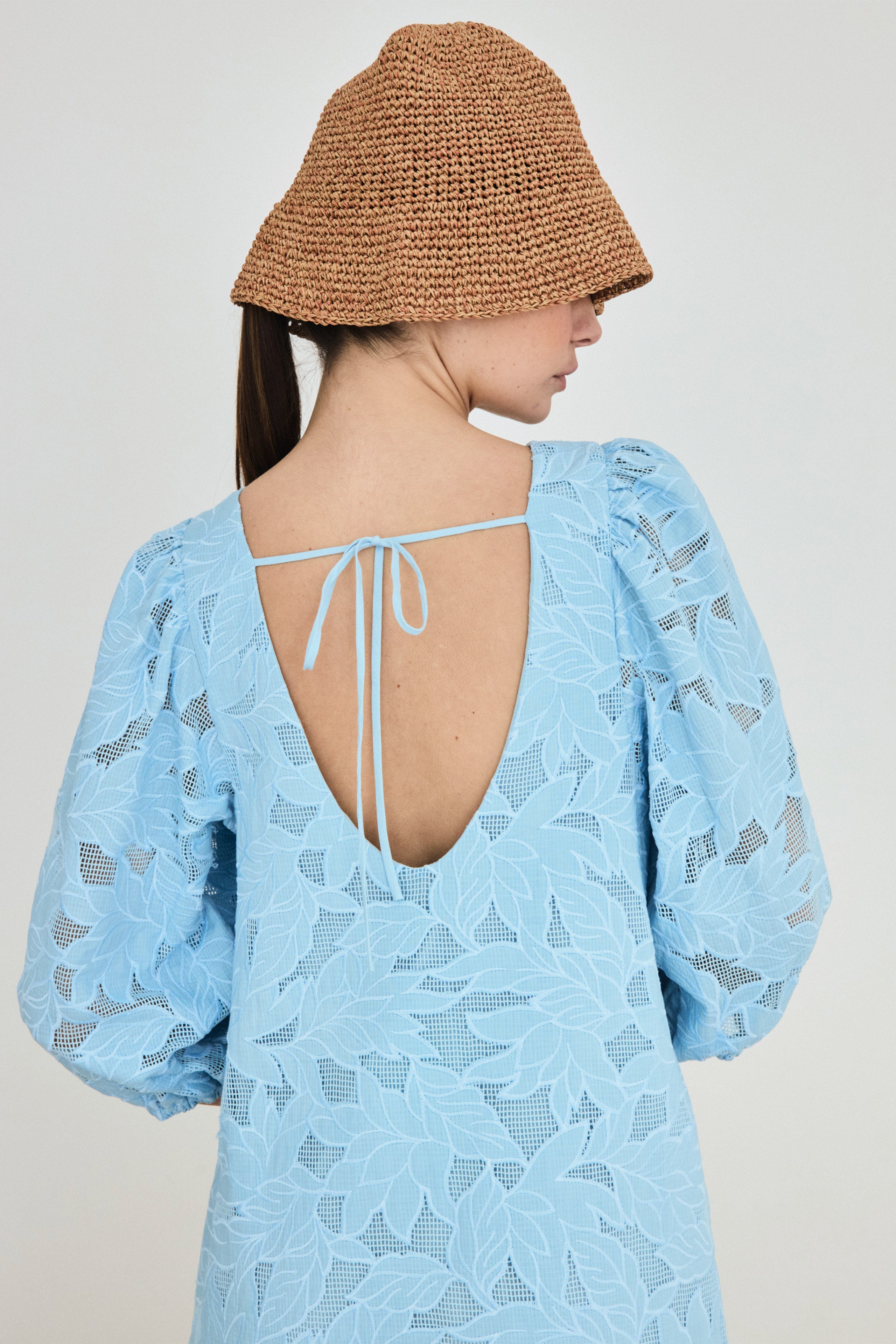 GUIPURE PUFF-SLEEVE MIDI DRESS
