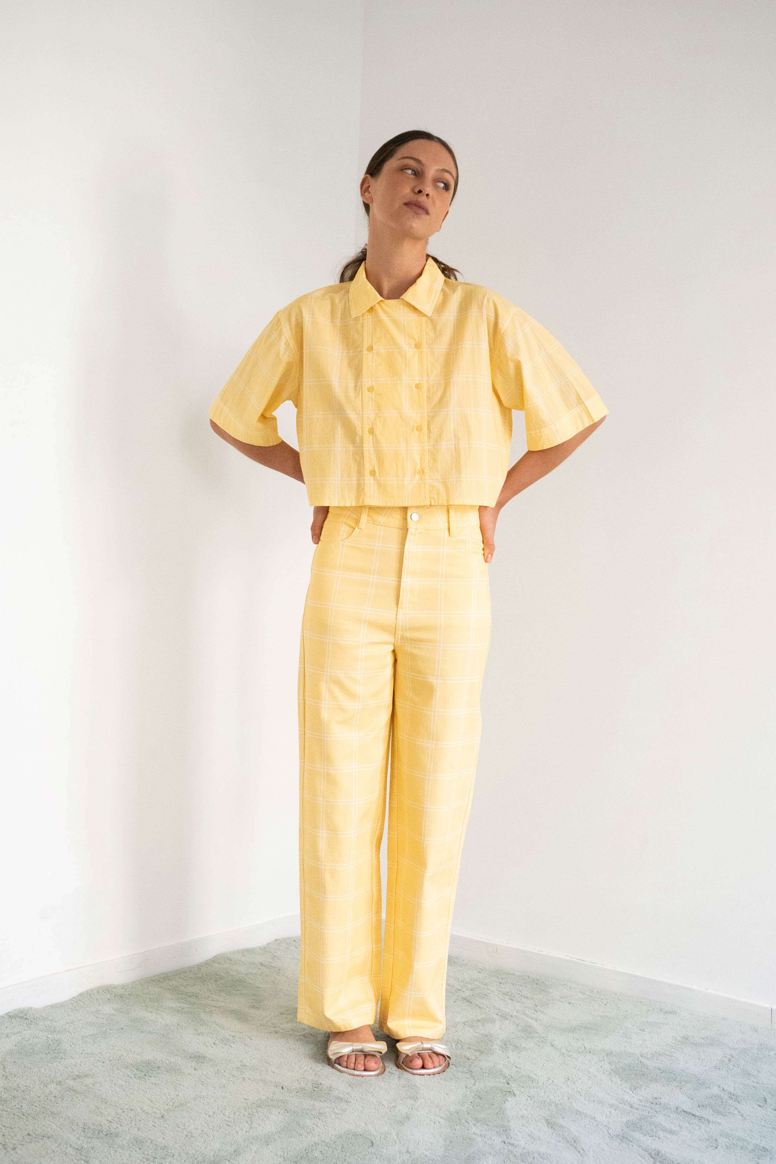 CHECK BUTTONED SHORT SLEEVES BLOUSE