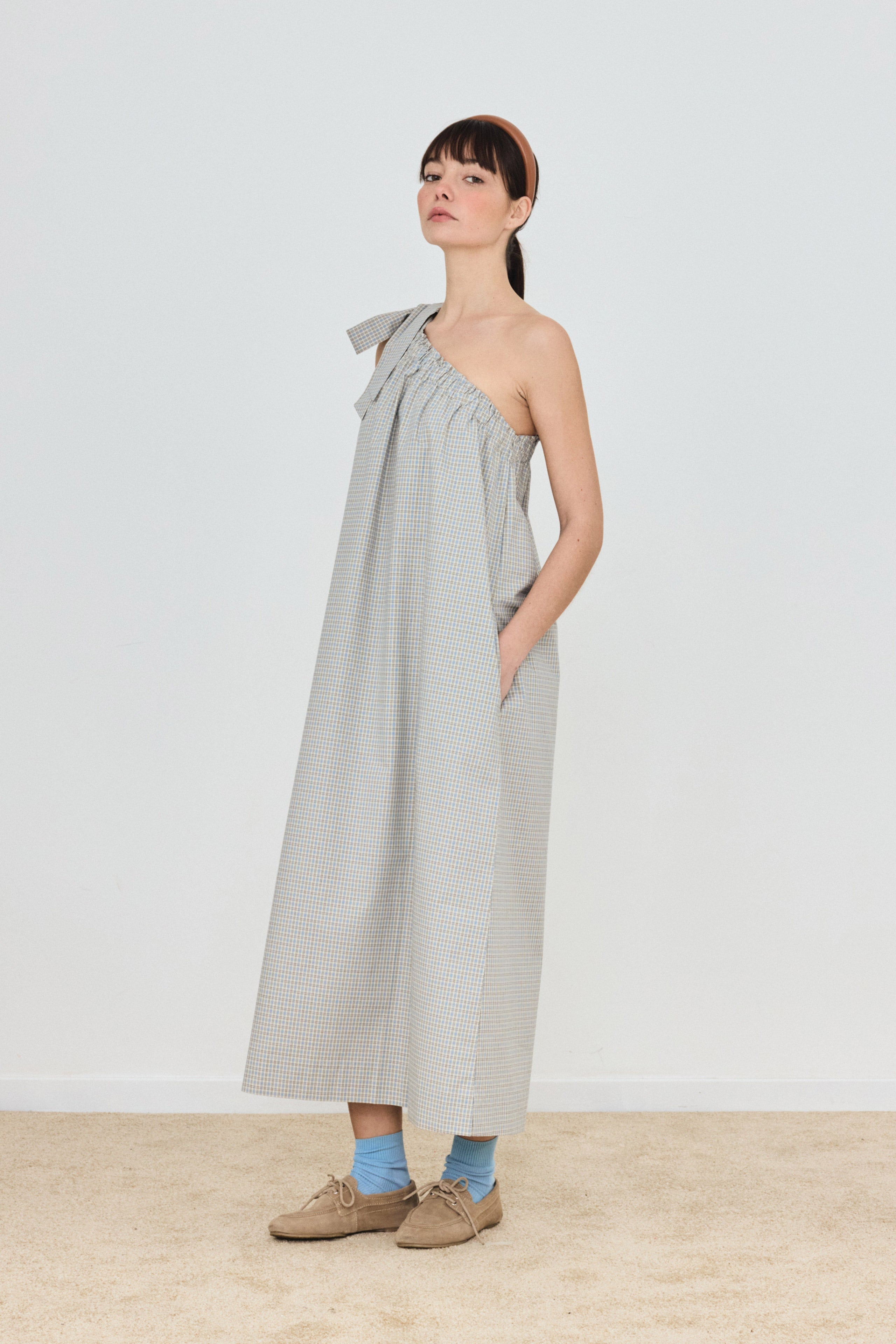 SMALL CHECK ASYMMETRIC DRESS