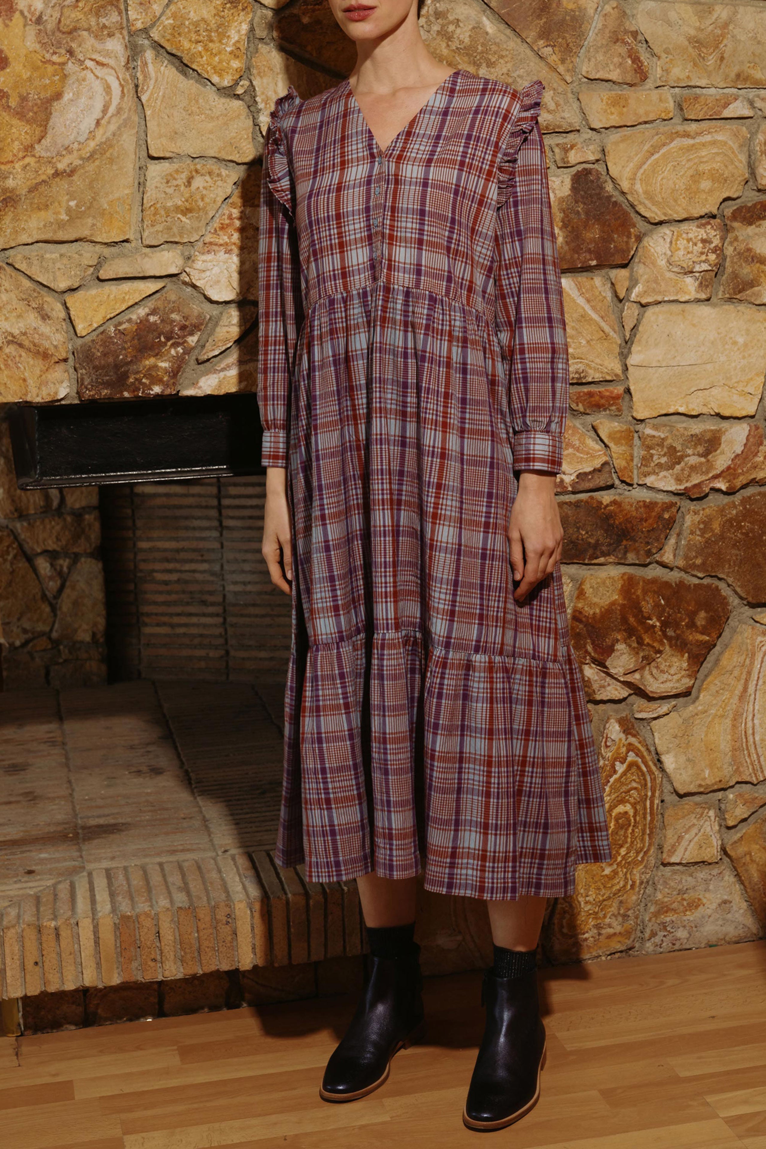 CUELLO EN V CHECK VESTIDO