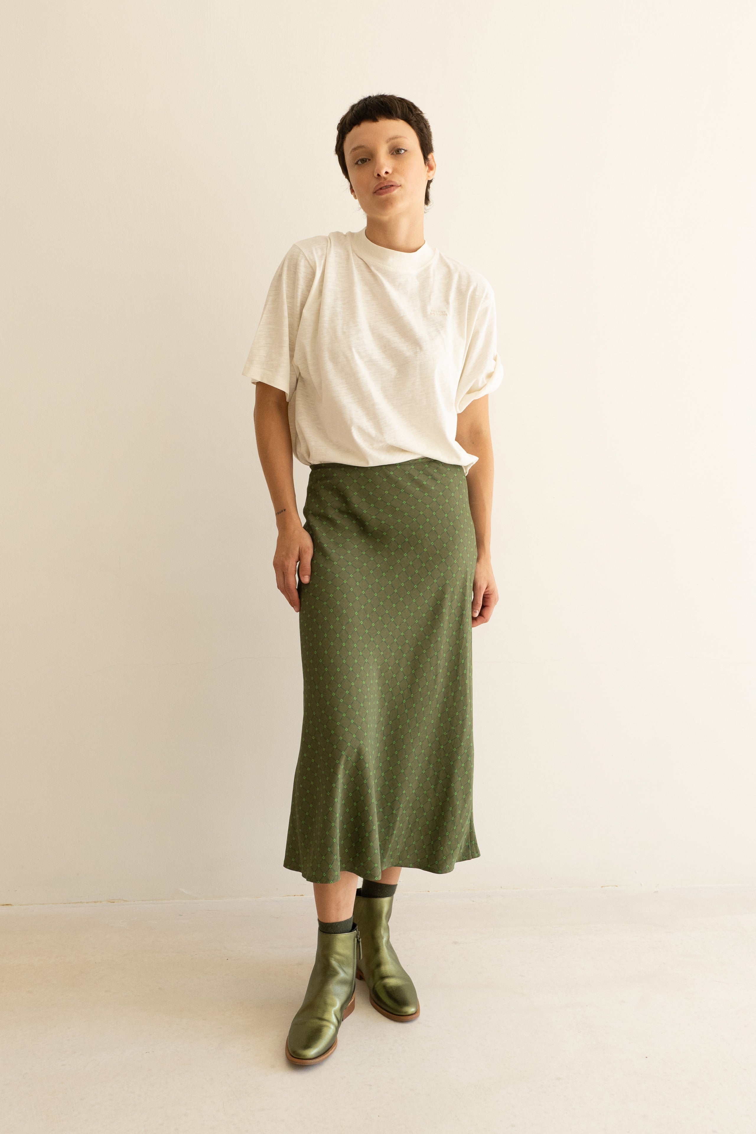 FLOWERS GRID BIAS CUT SKIRT