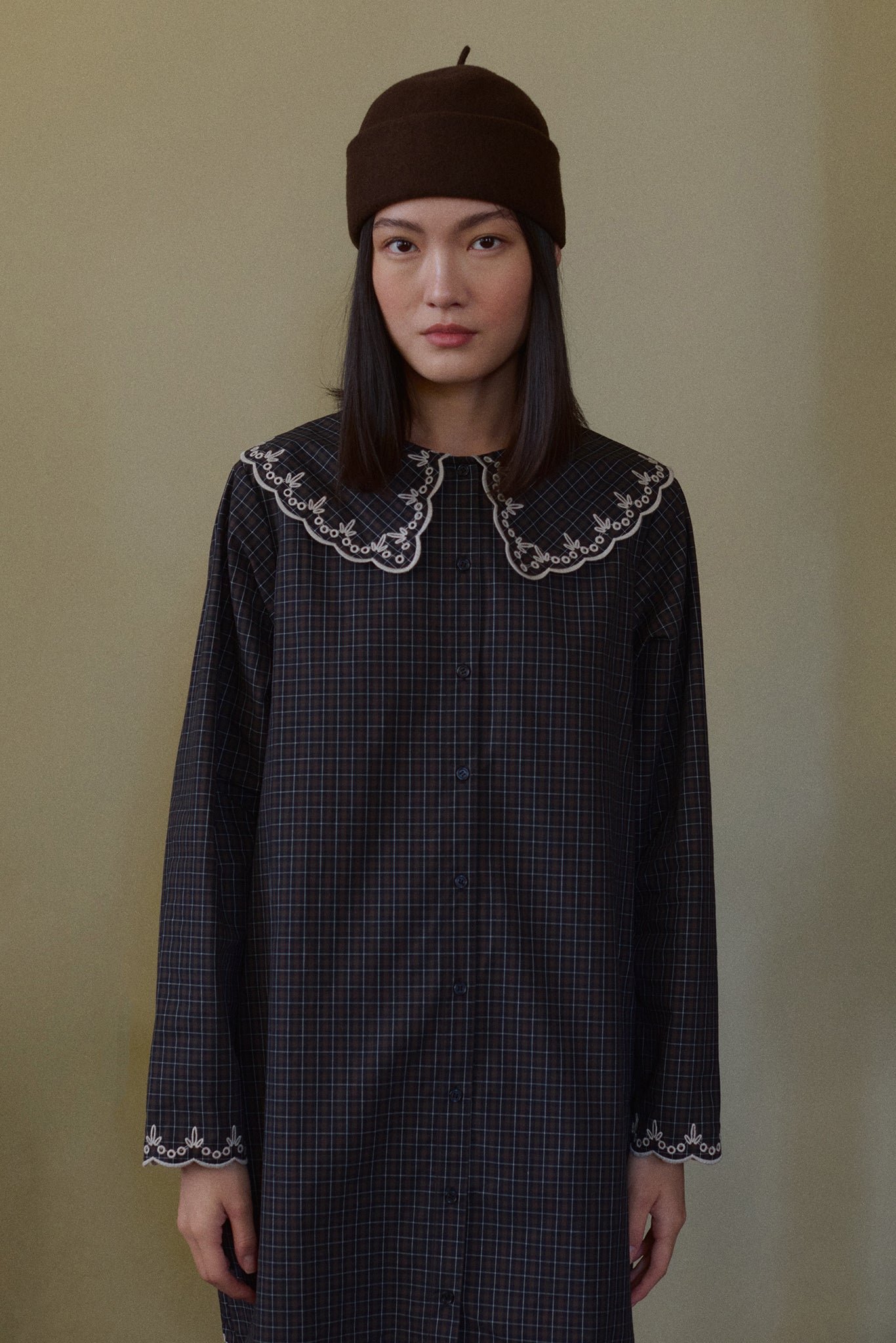 CHECKS EMBROIDERED NECK DRESS