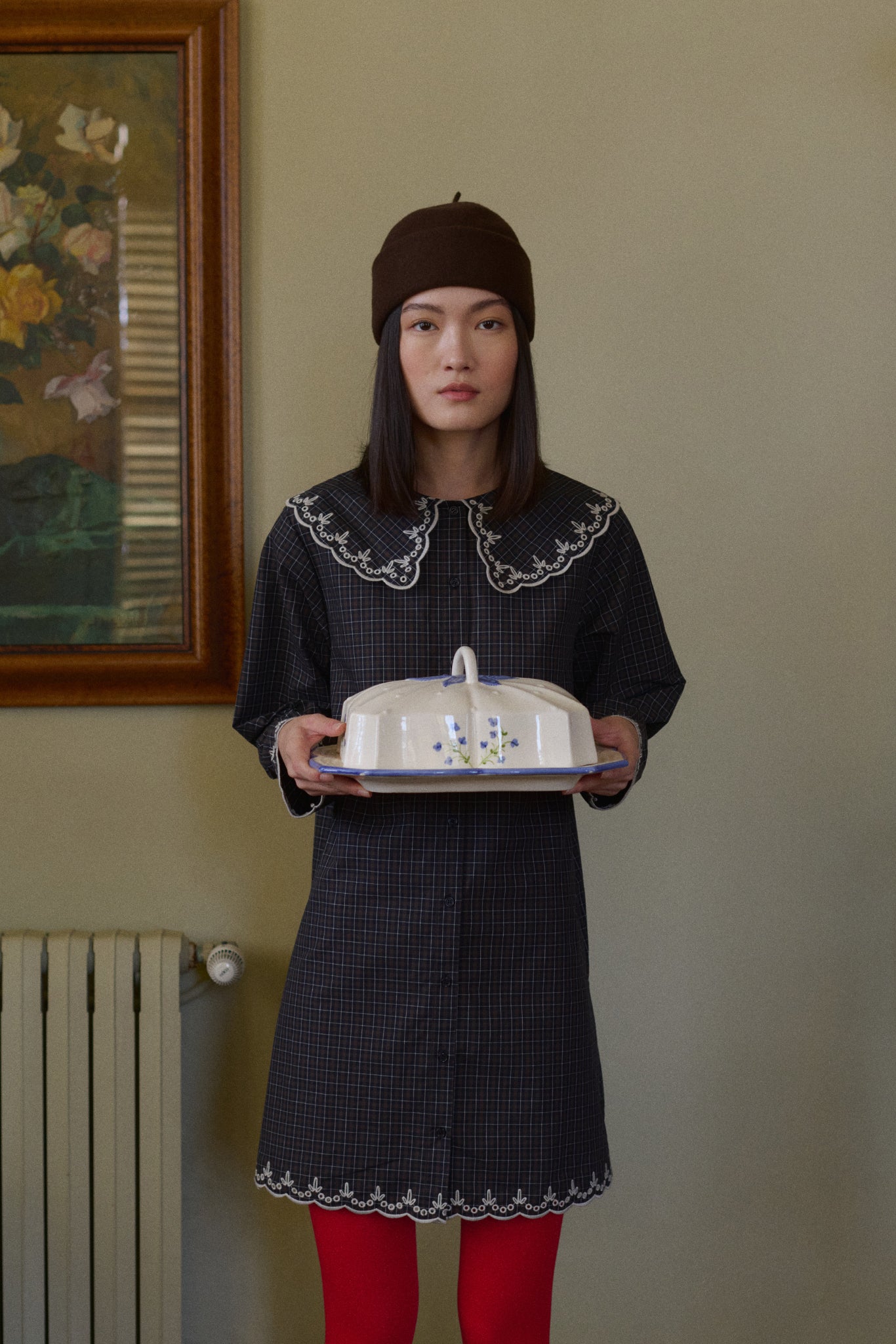 CHECKS EMBROIDERED NECK DRESS