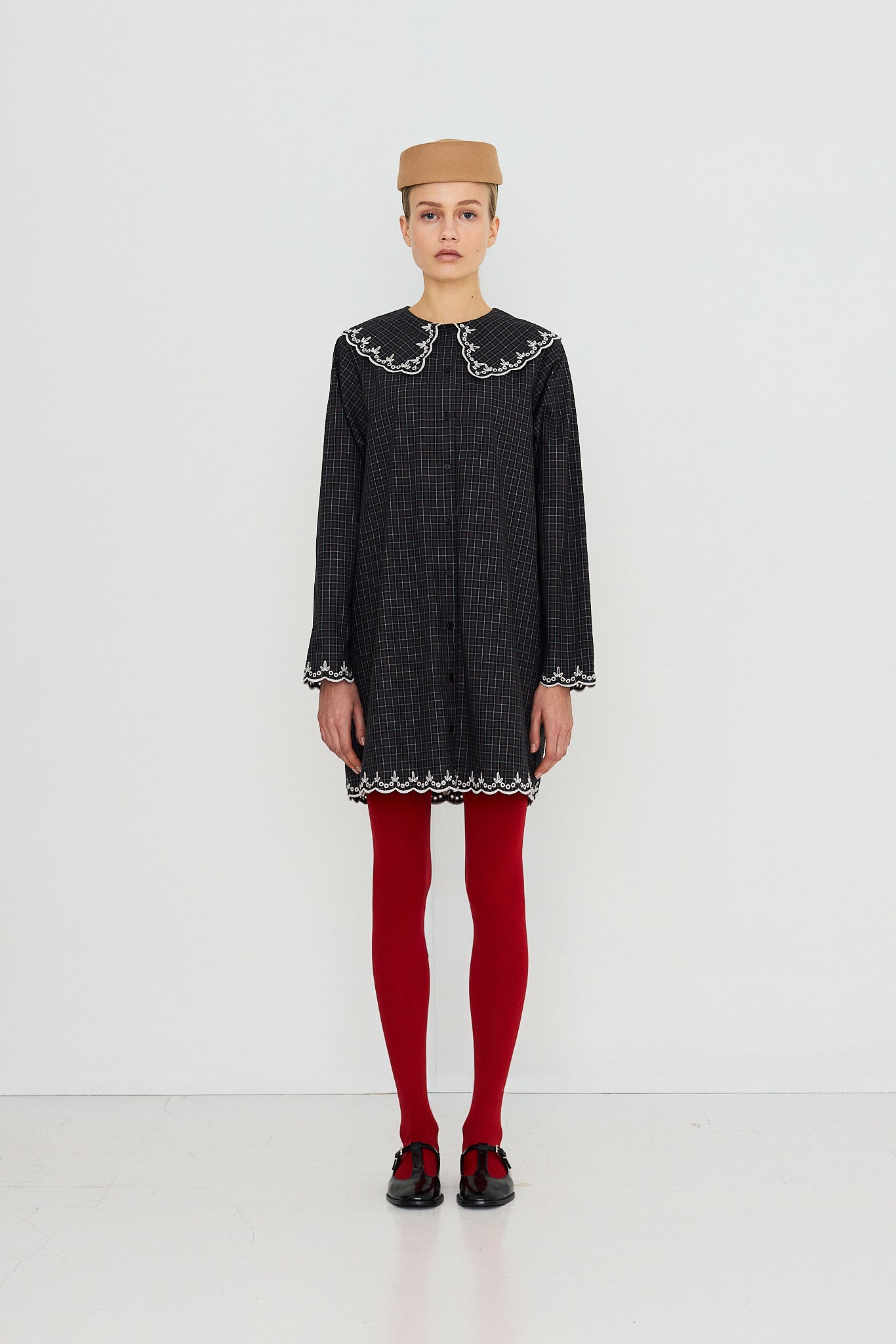 CHECKS EMBROIDERED NECK DRESS