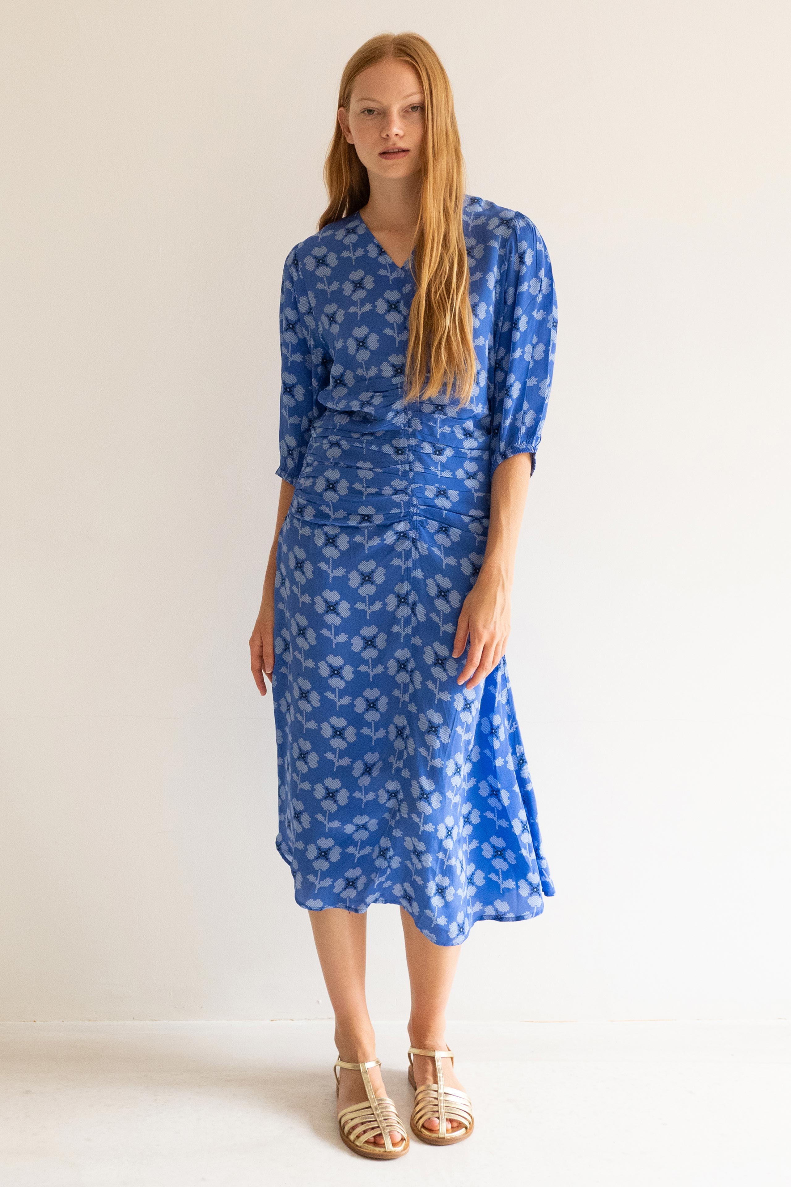 CROSS STITCH FLOWERS V-NECK DRESS