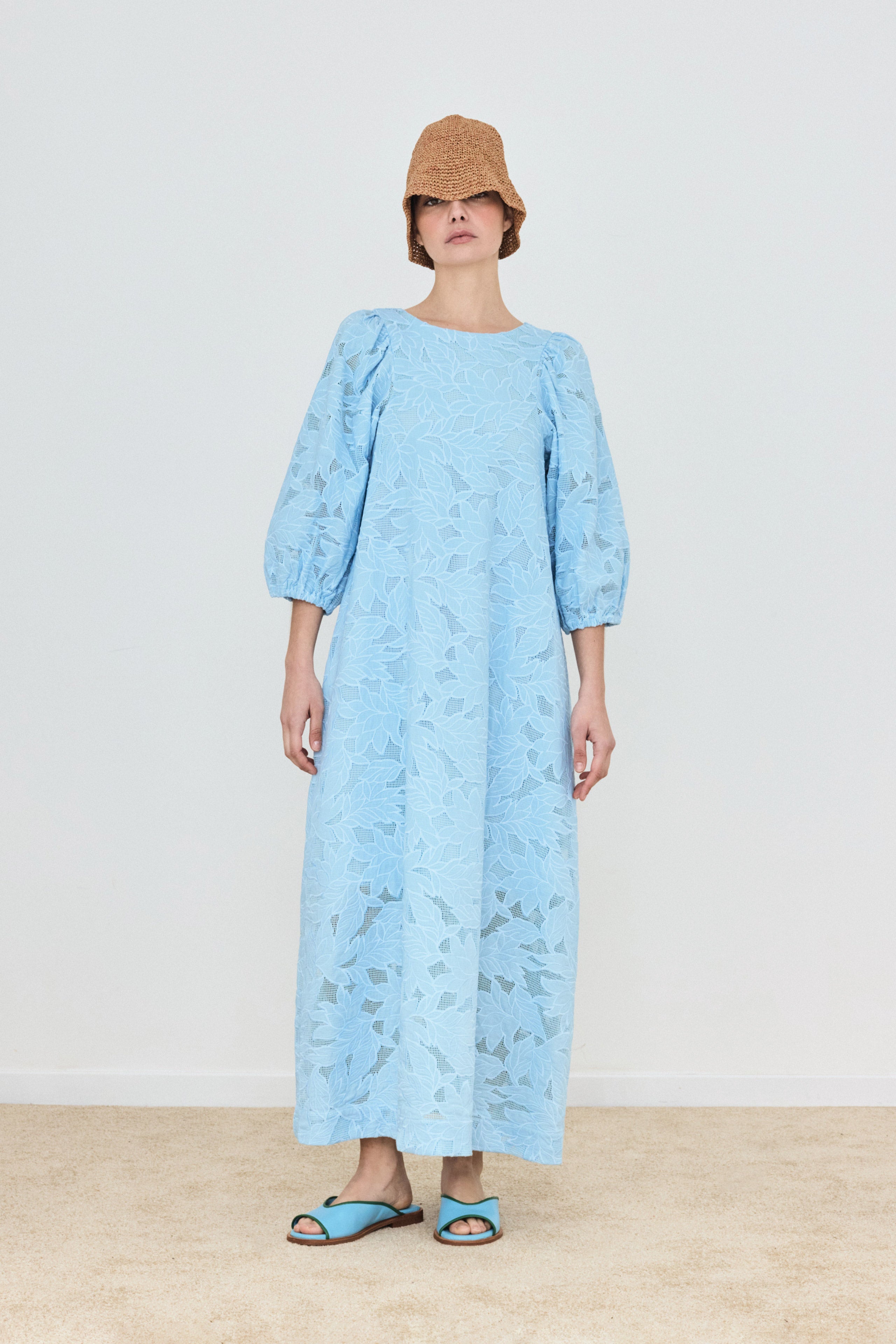 GUIPURE PUFF-SLEEVE MIDI DRESS