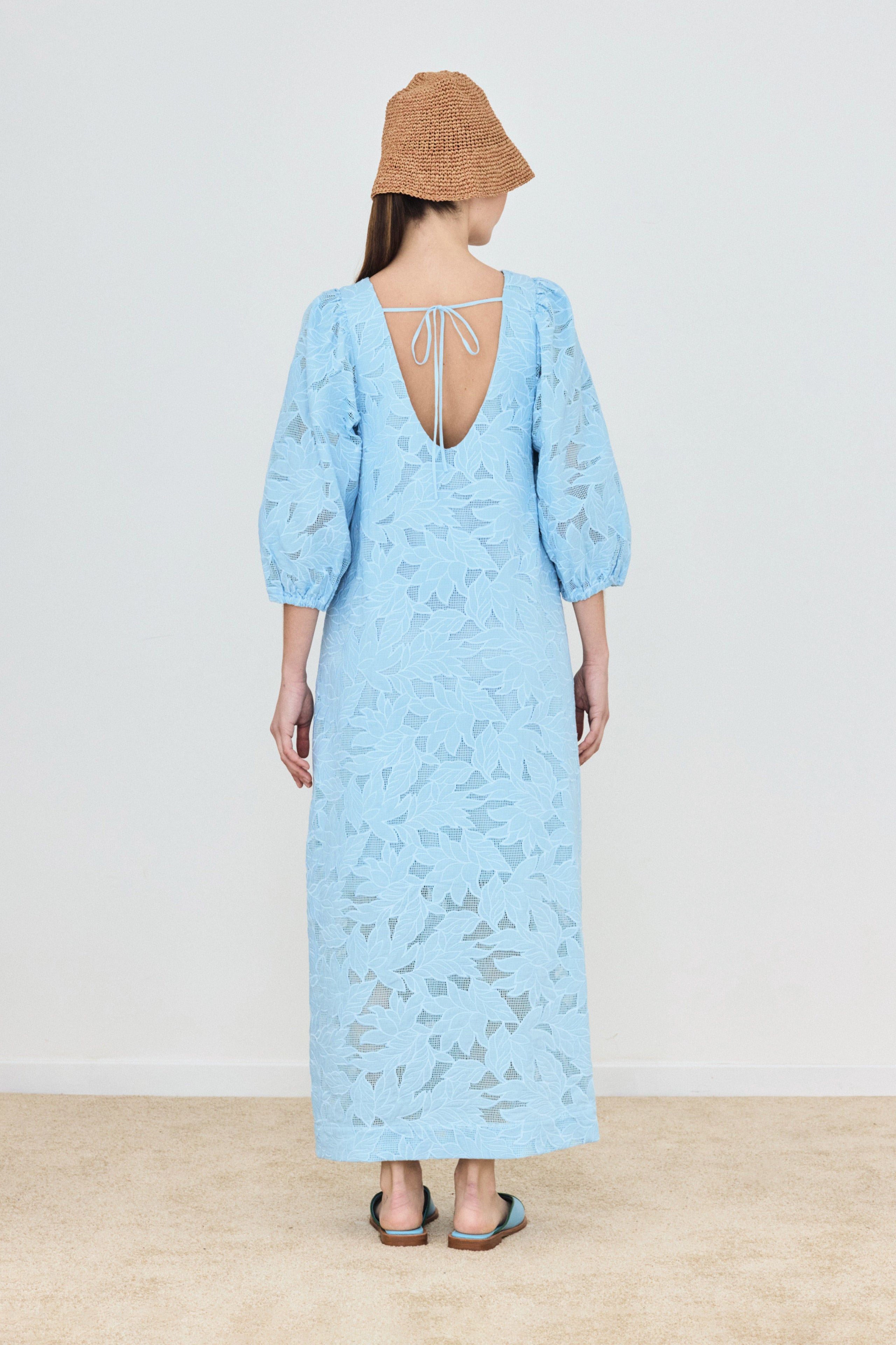 GUIPURE PUFF-SLEEVE MIDI DRESS