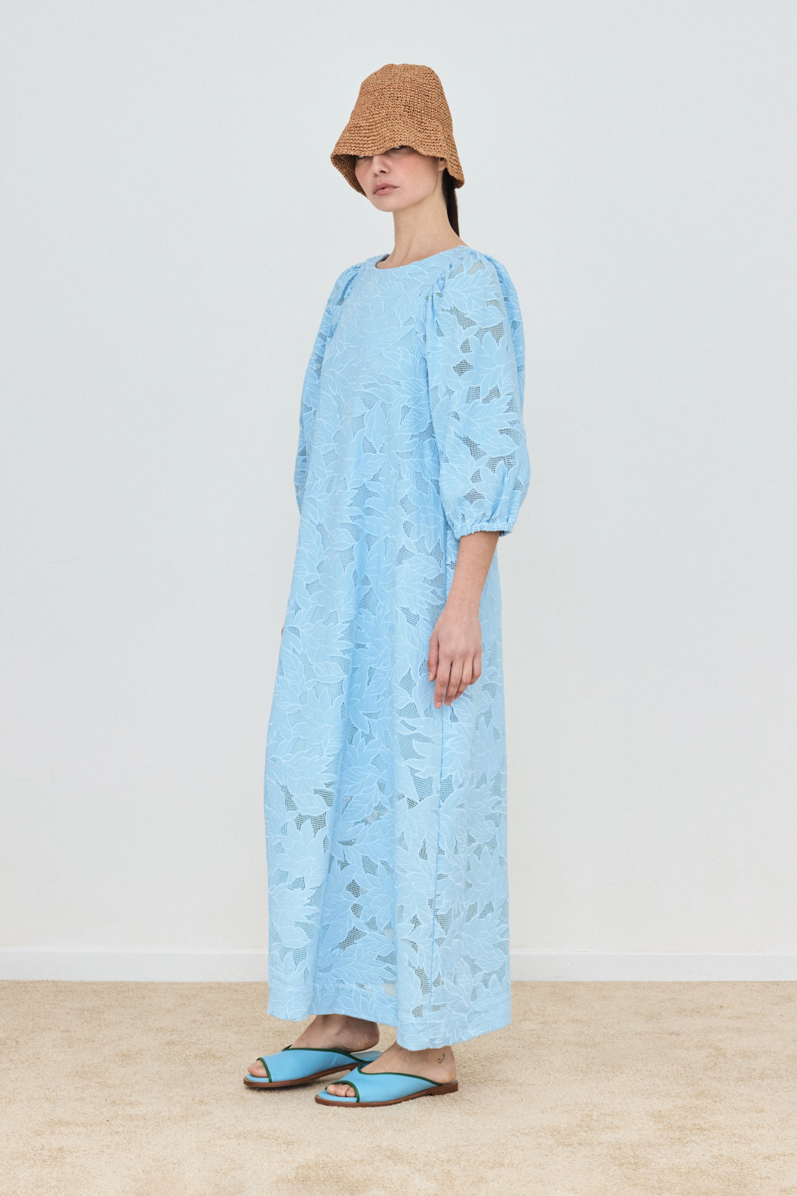 GUIPURE PUFF-SLEEVE MIDI DRESS