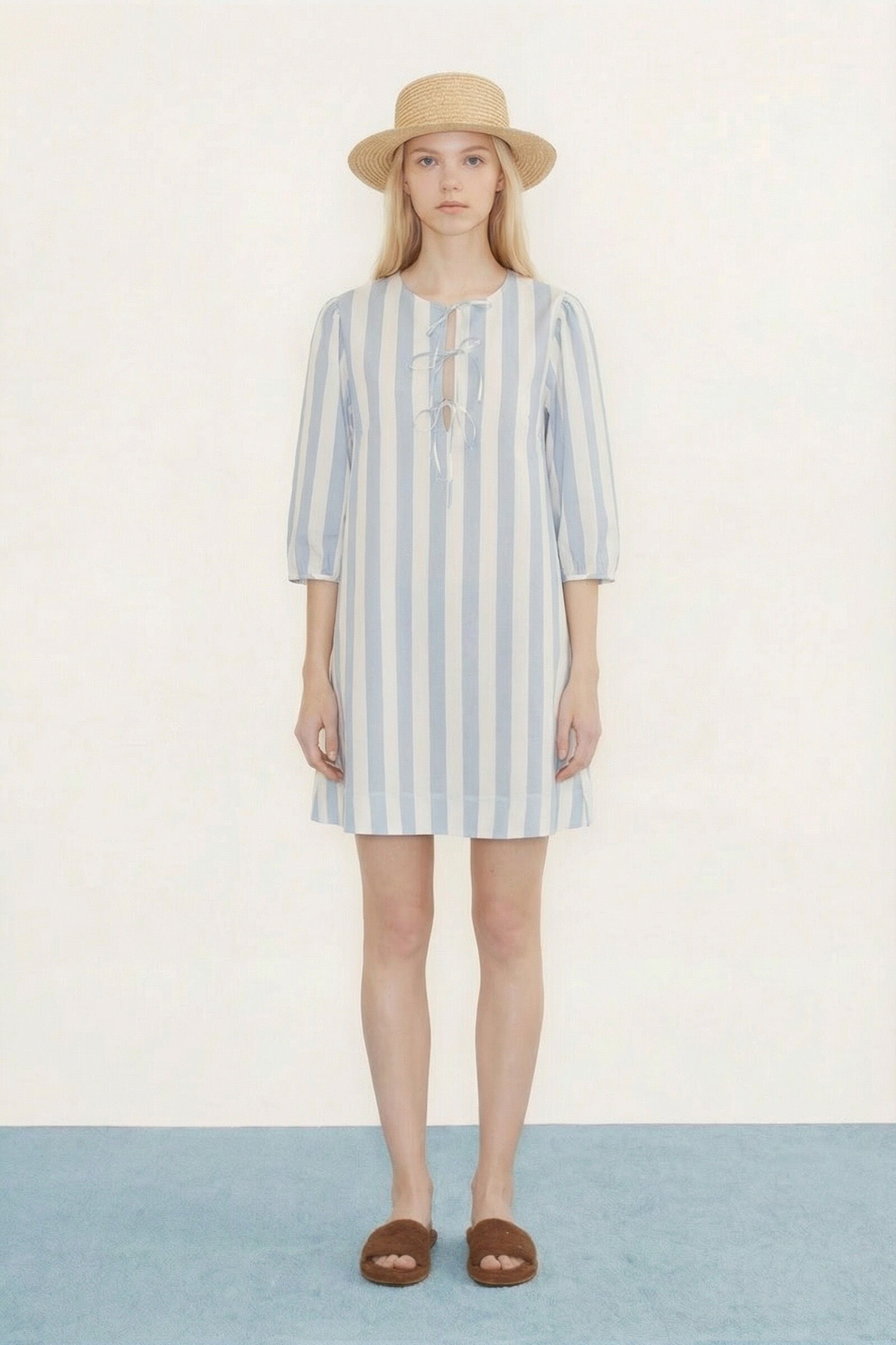 WIDE STRIPES PUFF SLEEVES DRESS